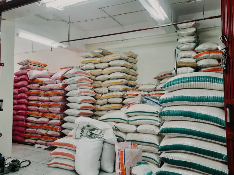 Home warehouse which stacks bags goods stored 281095279